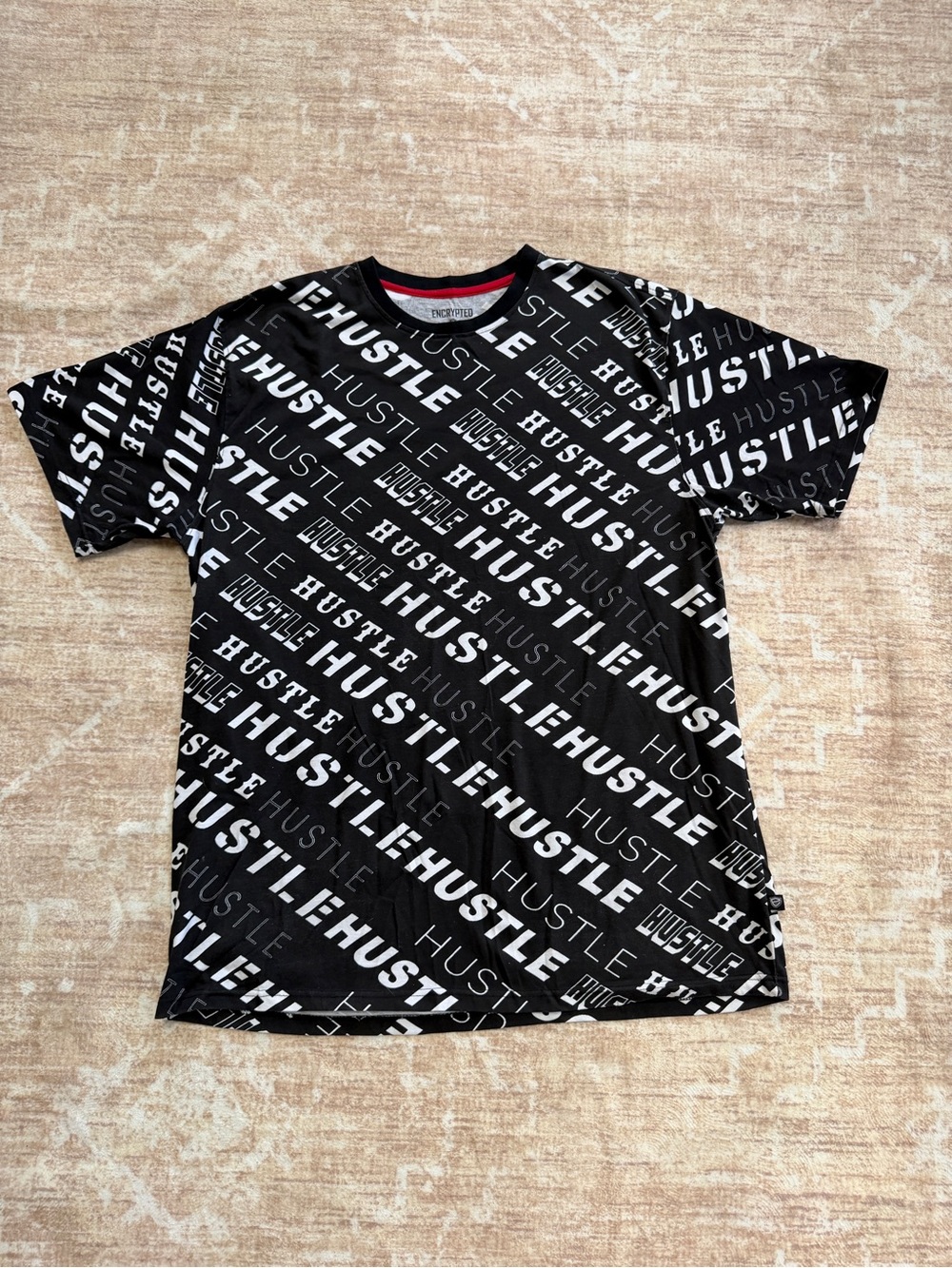 Encrypted Mens XL T-Shirt Hustle All Over Print Black White Graphic Tee Tag 5XL